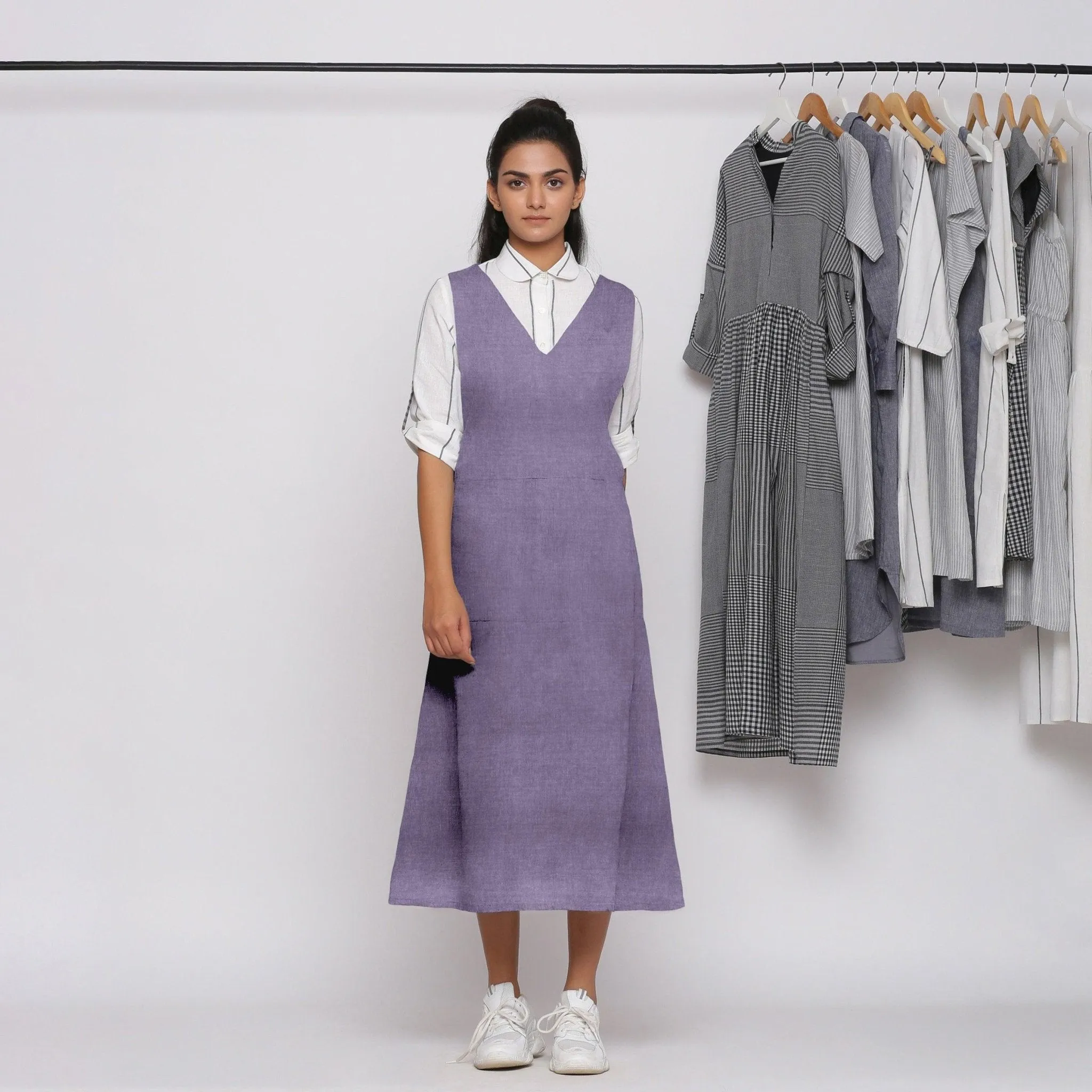Lavender 100% Linen V-Neck Midi Pinafore Dress