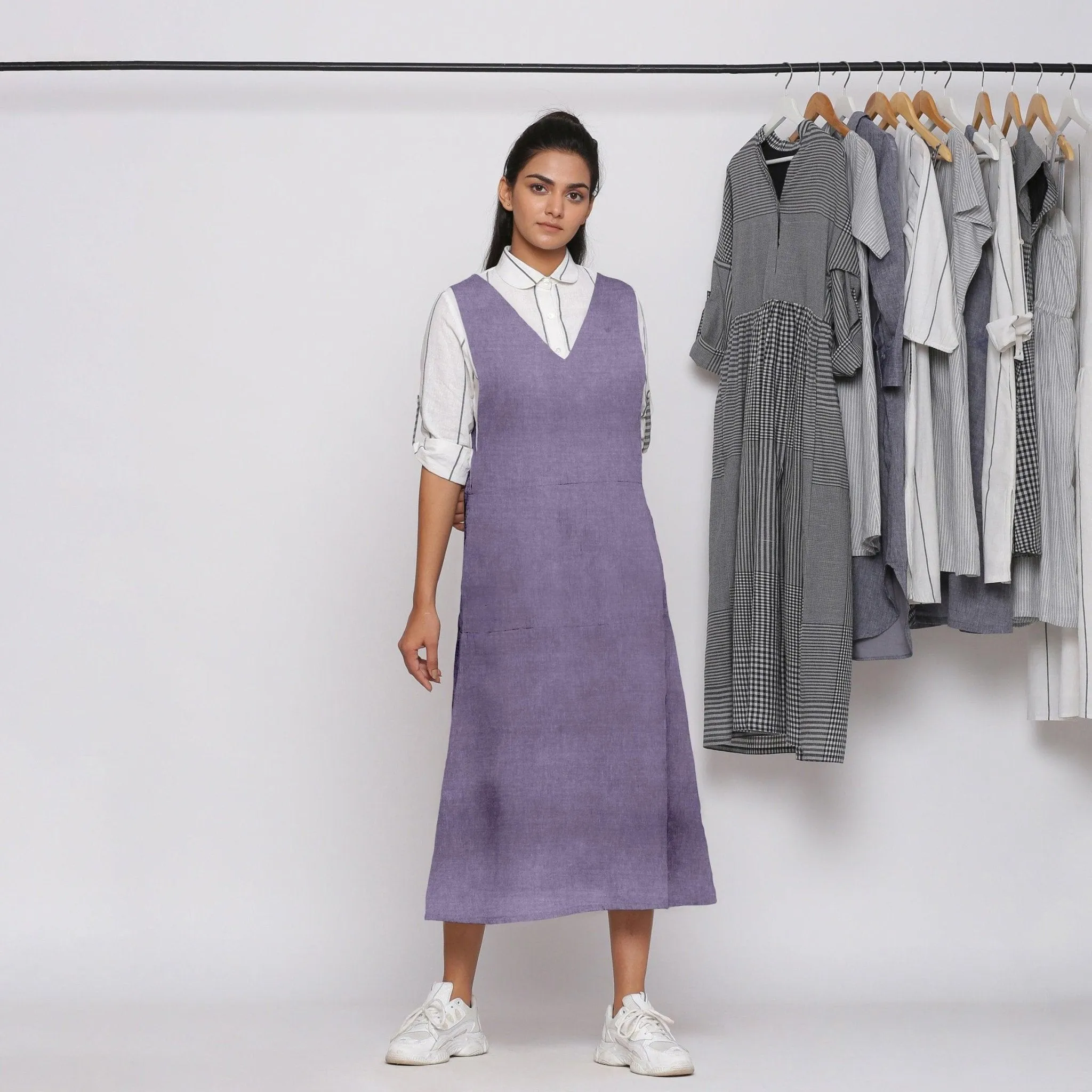 Lavender 100% Linen V-Neck Midi Pinafore Dress