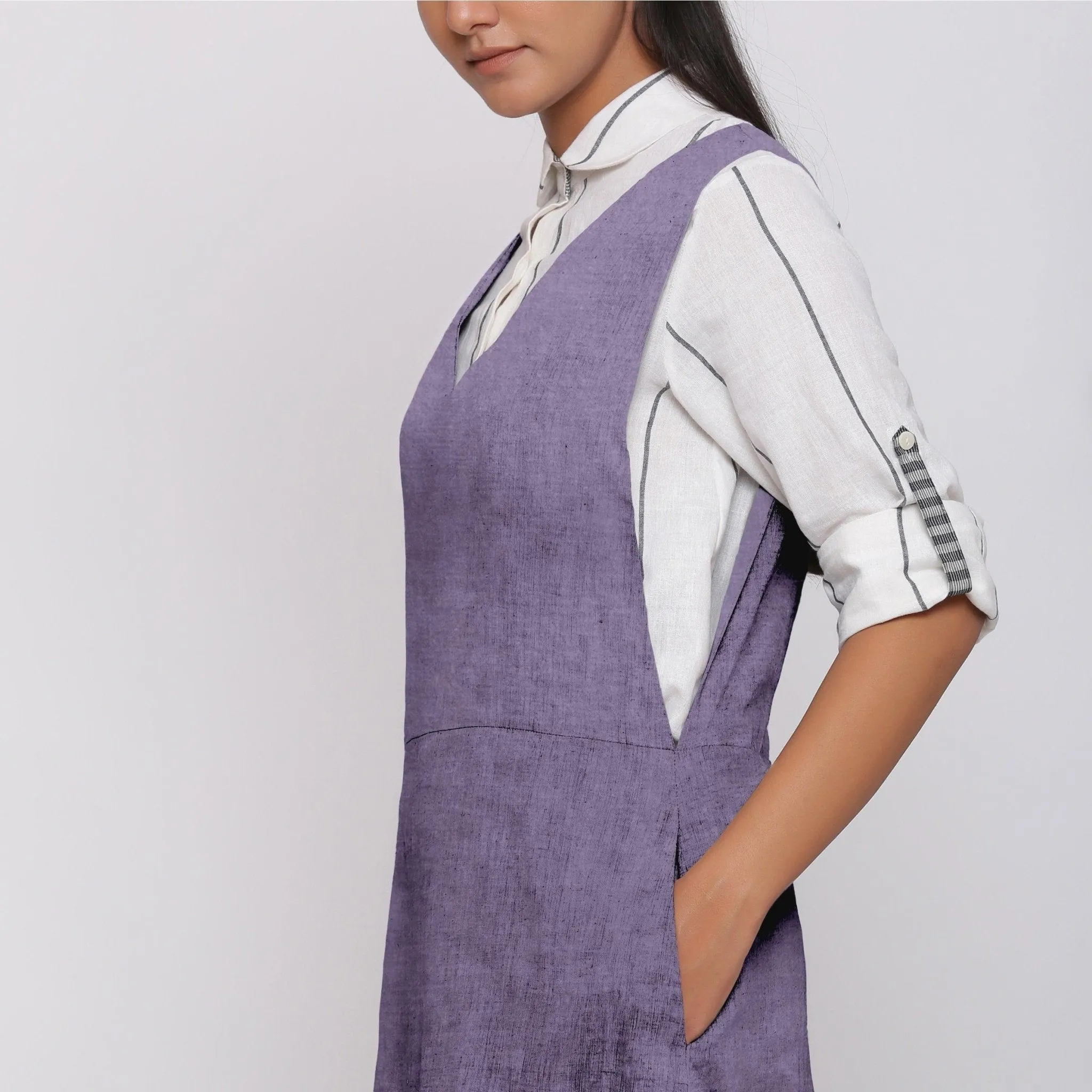 Lavender 100% Linen V-Neck Midi Pinafore Dress