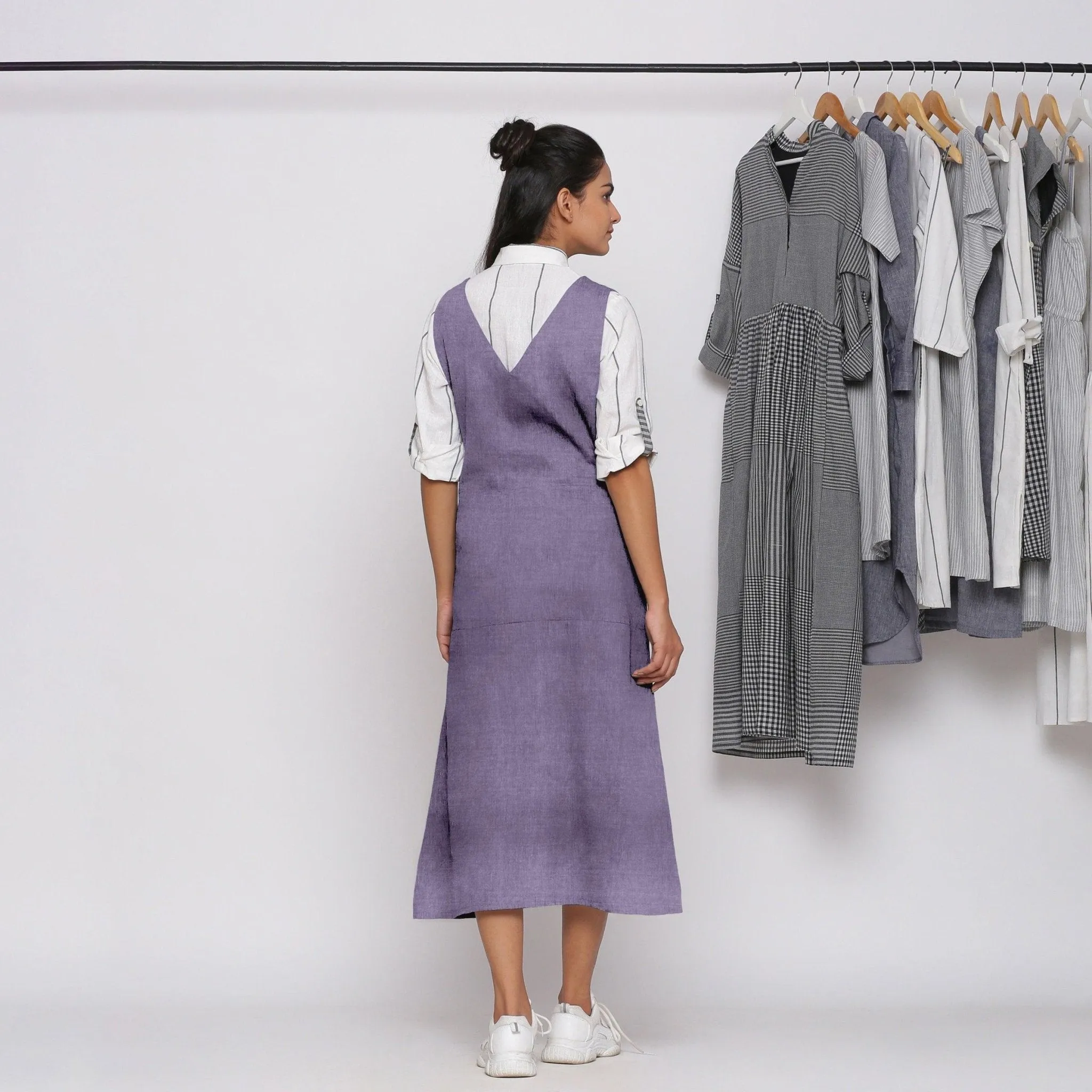 Lavender 100% Linen V-Neck Midi Pinafore Dress