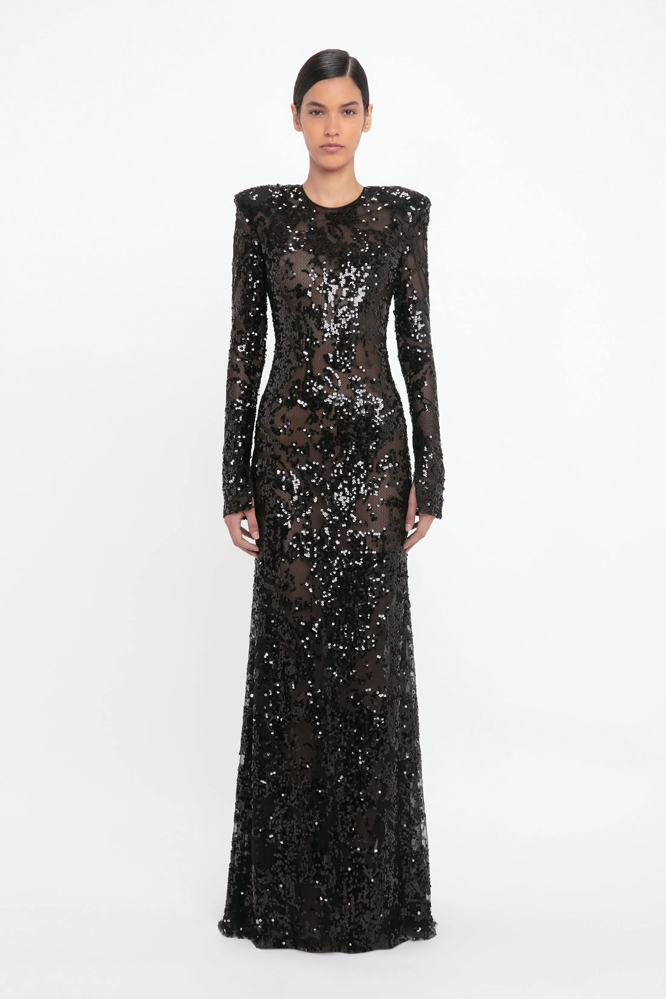 Long Sleeve Backless Sequin Gown In Black