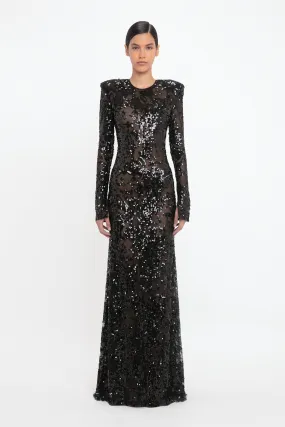 Long Sleeve Backless Sequin Gown In Black