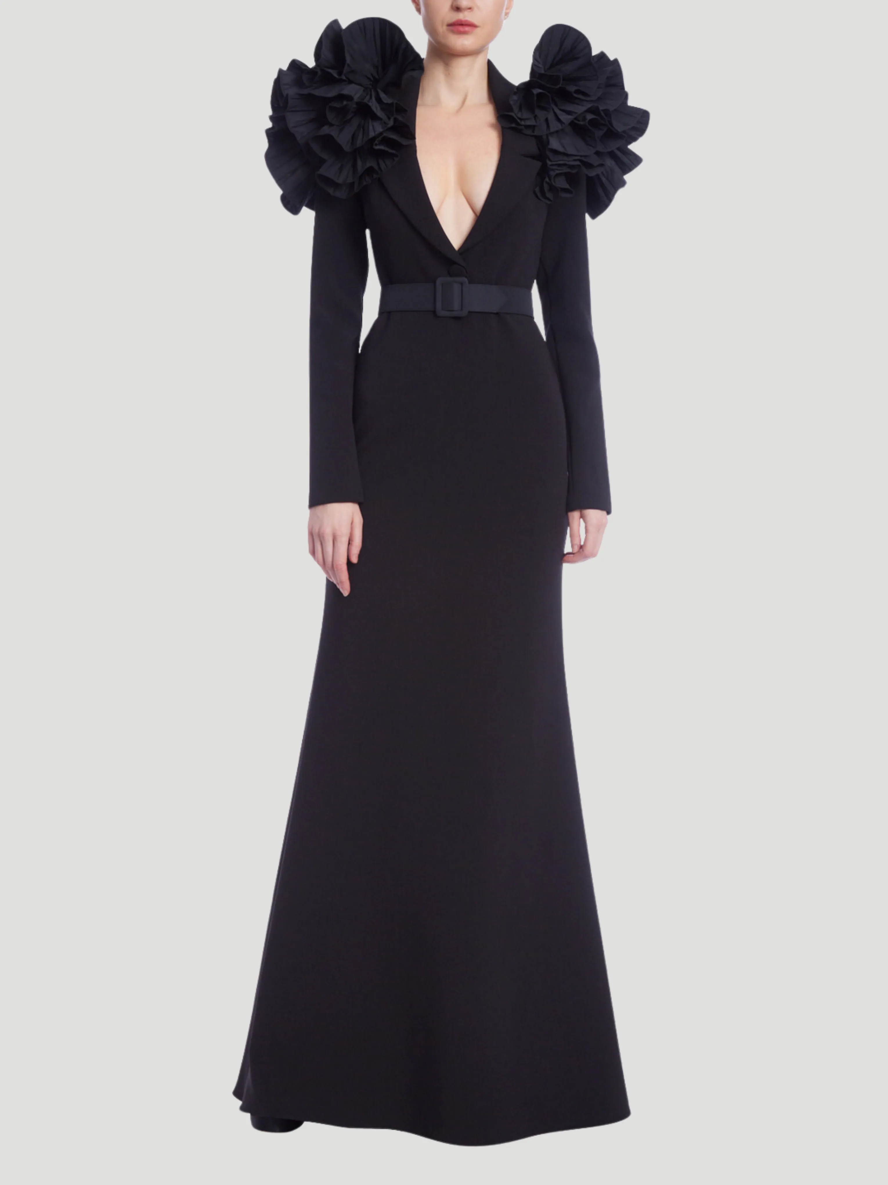 Long Sleeve Ruffle Shoulder Gown