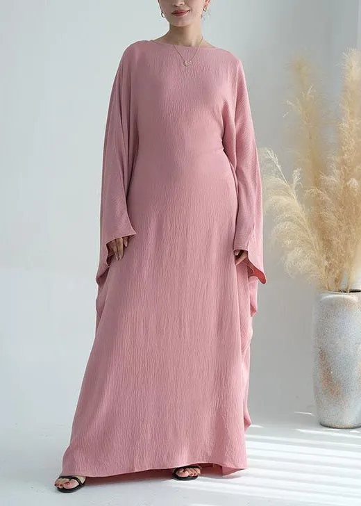Loose Pink O Neck Solid Ice Silk Maxi Dresses Batwing Sleeve AA1051