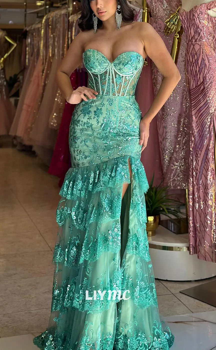 LP2184 - Sweetheart Sleeveless Appliques A-Line Side Slit Prom Dress