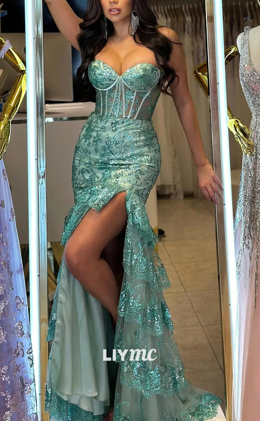 LP2184 - Sweetheart Sleeveless Appliques A-Line Side Slit Prom Dress