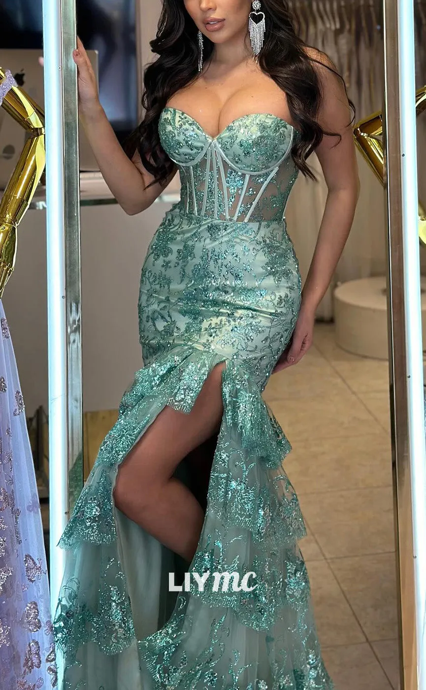 LP2184 - Sweetheart Sleeveless Appliques A-Line Side Slit Prom Dress