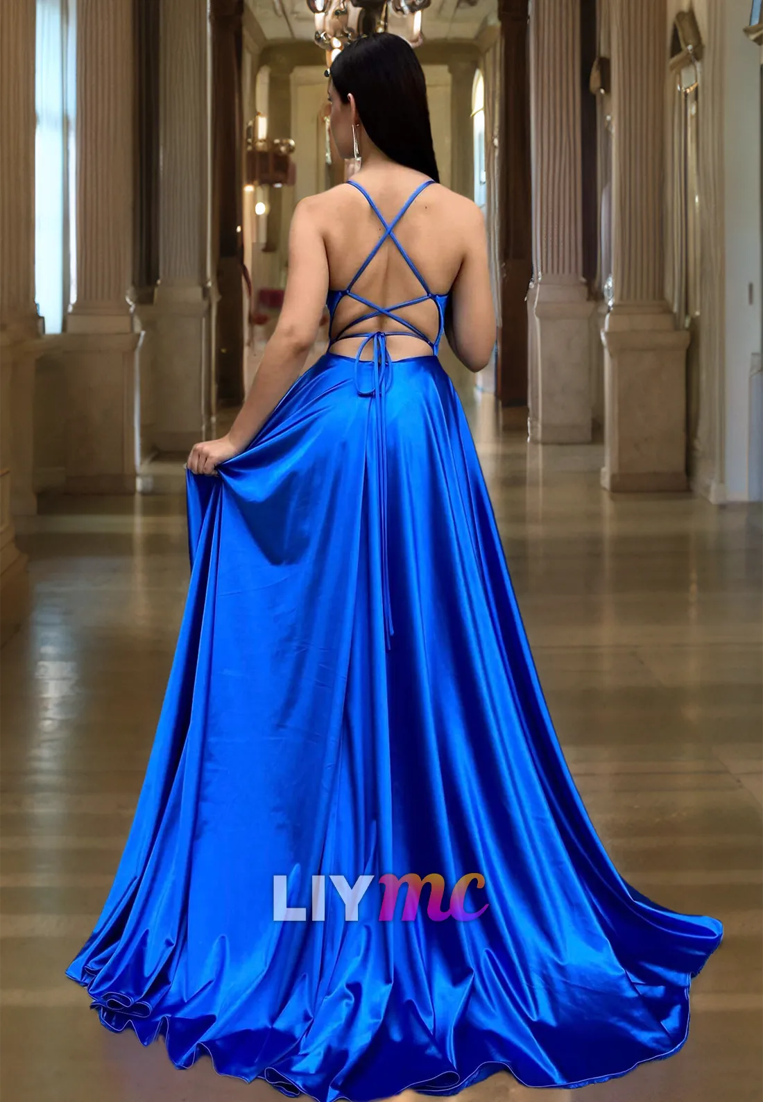 LP326 - A Line Spaghetti Straps Pleated Satin Long Prom Evening Dress With Slit