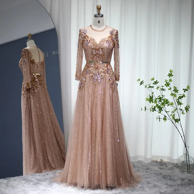 Luxury Rose Gold Long Sleeve Evening Dress SS056