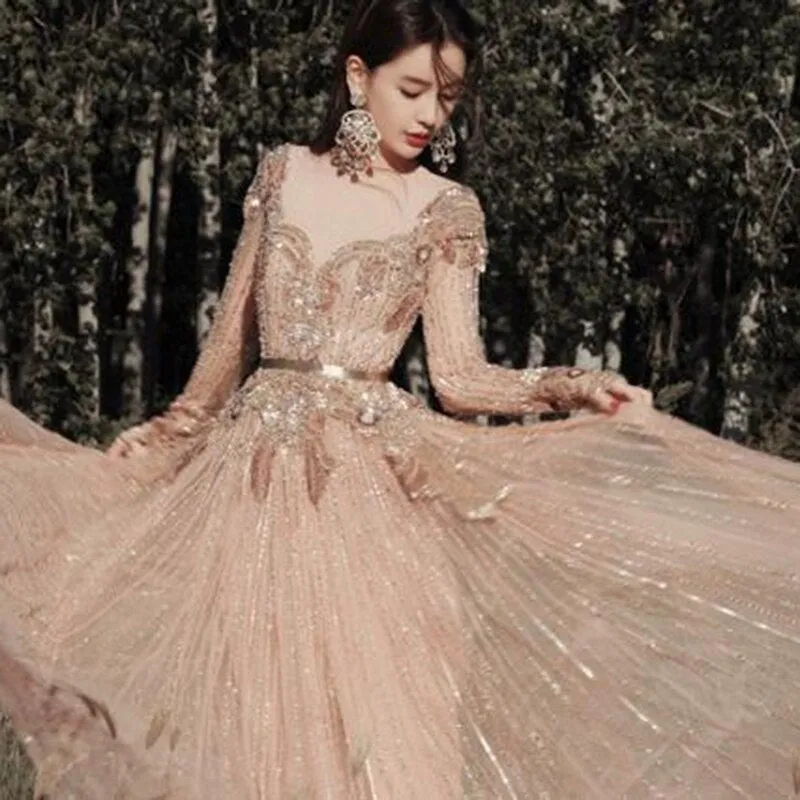 Luxury Rose Gold Long Sleeve Evening Dress SS056