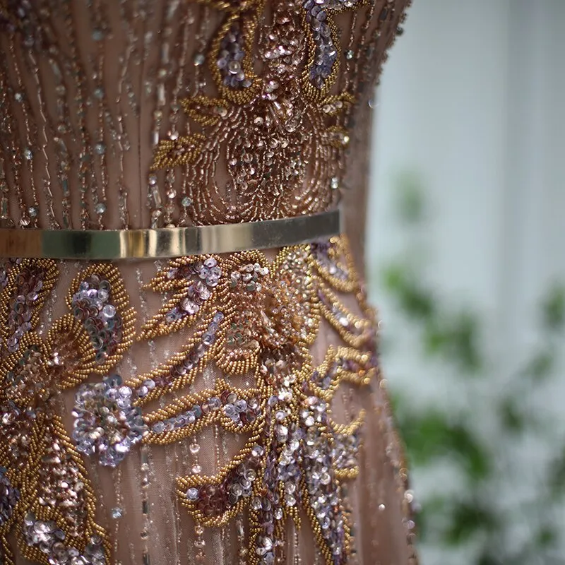 Luxury Rose Gold Long Sleeve Evening Dress SS056