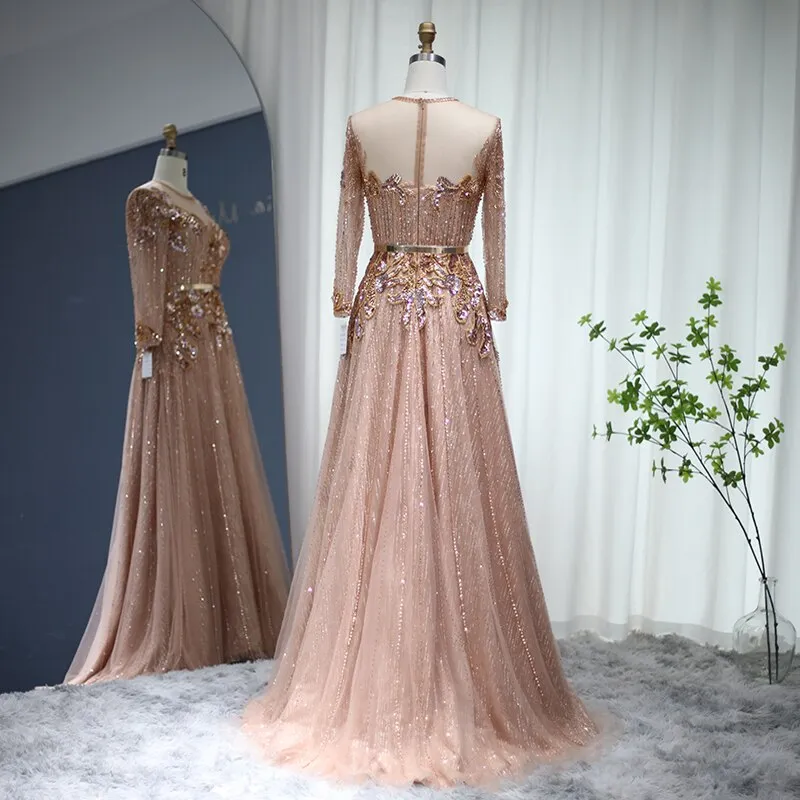 Luxury Rose Gold Long Sleeve Evening Dress SS056