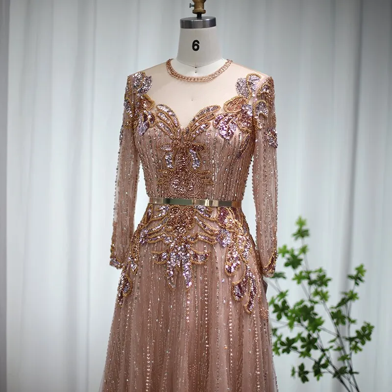 Luxury Rose Gold Long Sleeve Evening Dress SS056