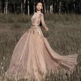 Luxury Rose Gold Long Sleeve Evening Dress SS056