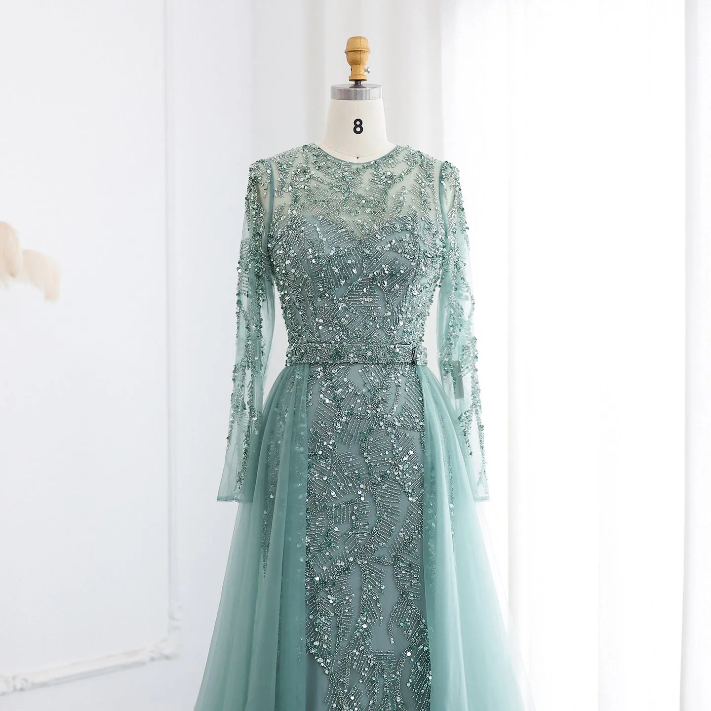 Luxury Turquoise Long Sleeve Evening Dress with Overskirt SS183