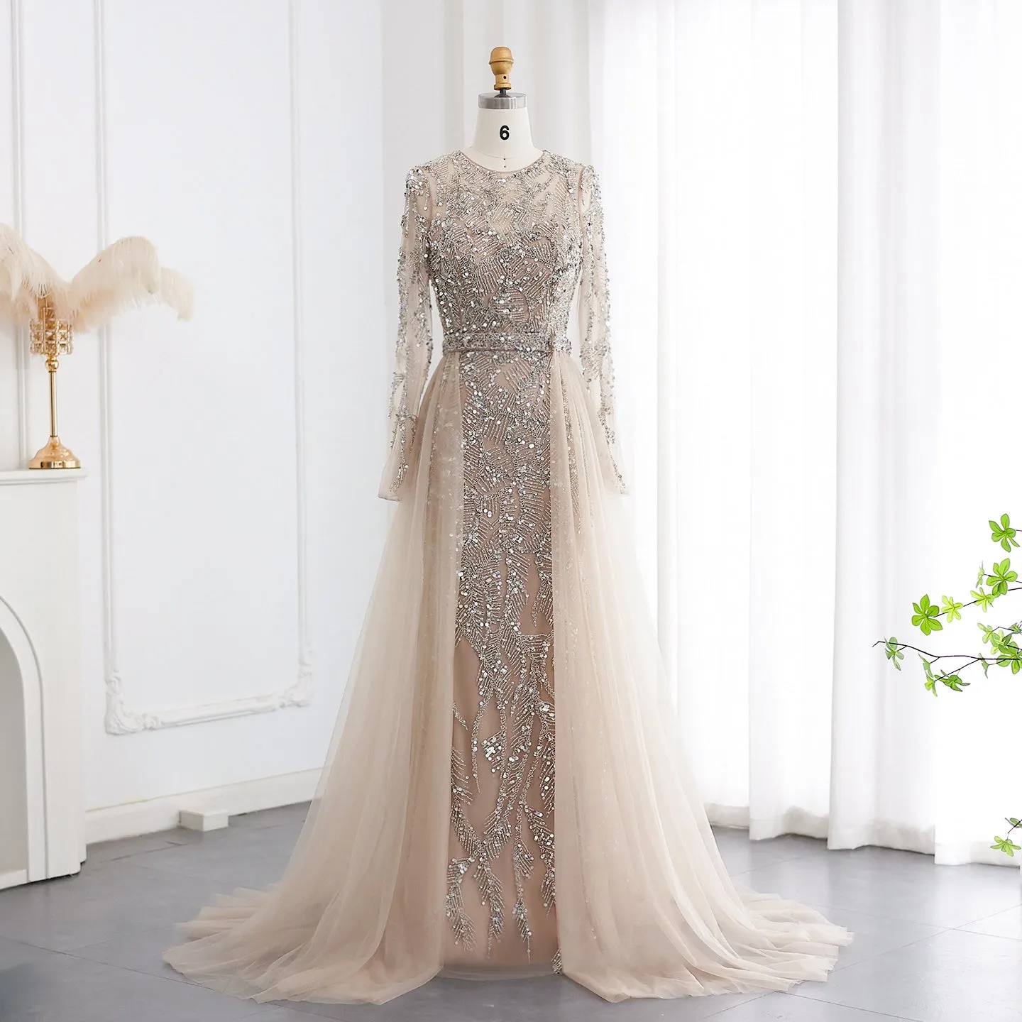 Luxury Turquoise Long Sleeve Evening Dress with Overskirt SS183