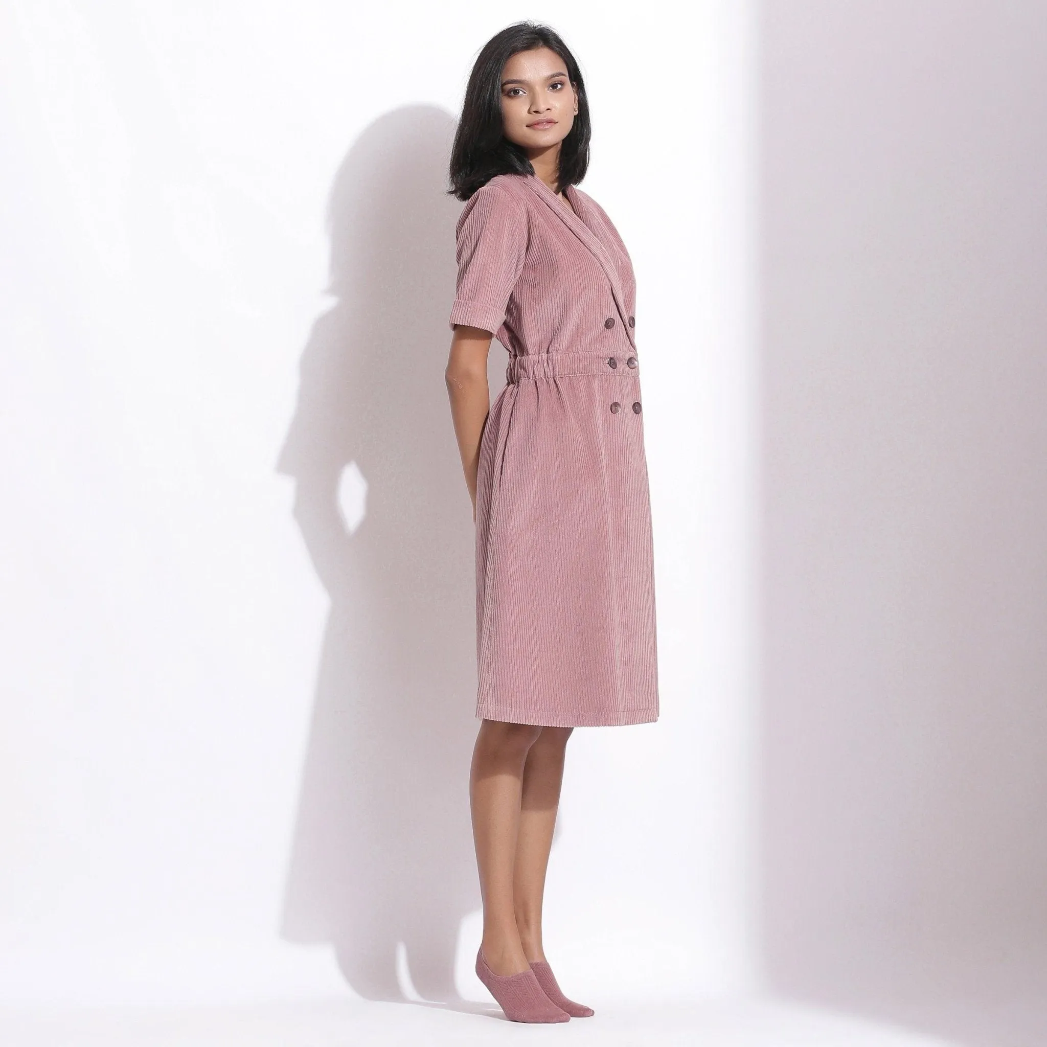 Mauve Warm Cotton Corduroy Knee Length Coat Dress