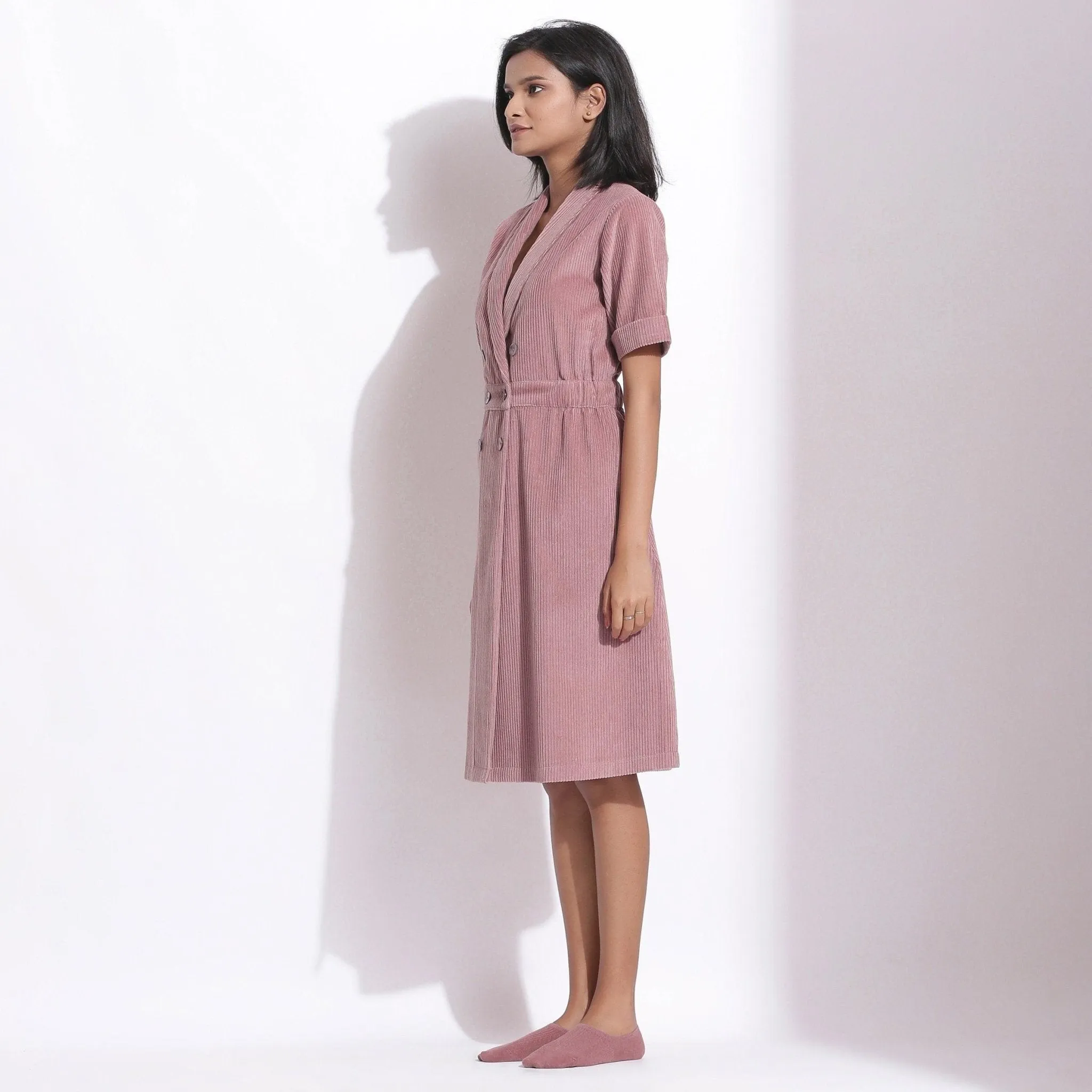 Mauve Warm Cotton Corduroy Knee Length Coat Dress