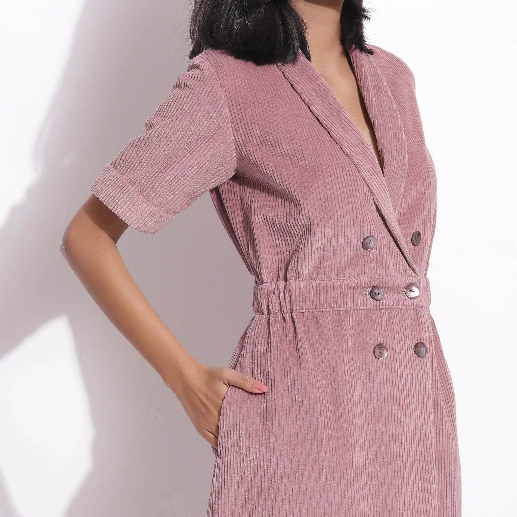 Mauve Warm Cotton Corduroy Knee Length Coat Dress