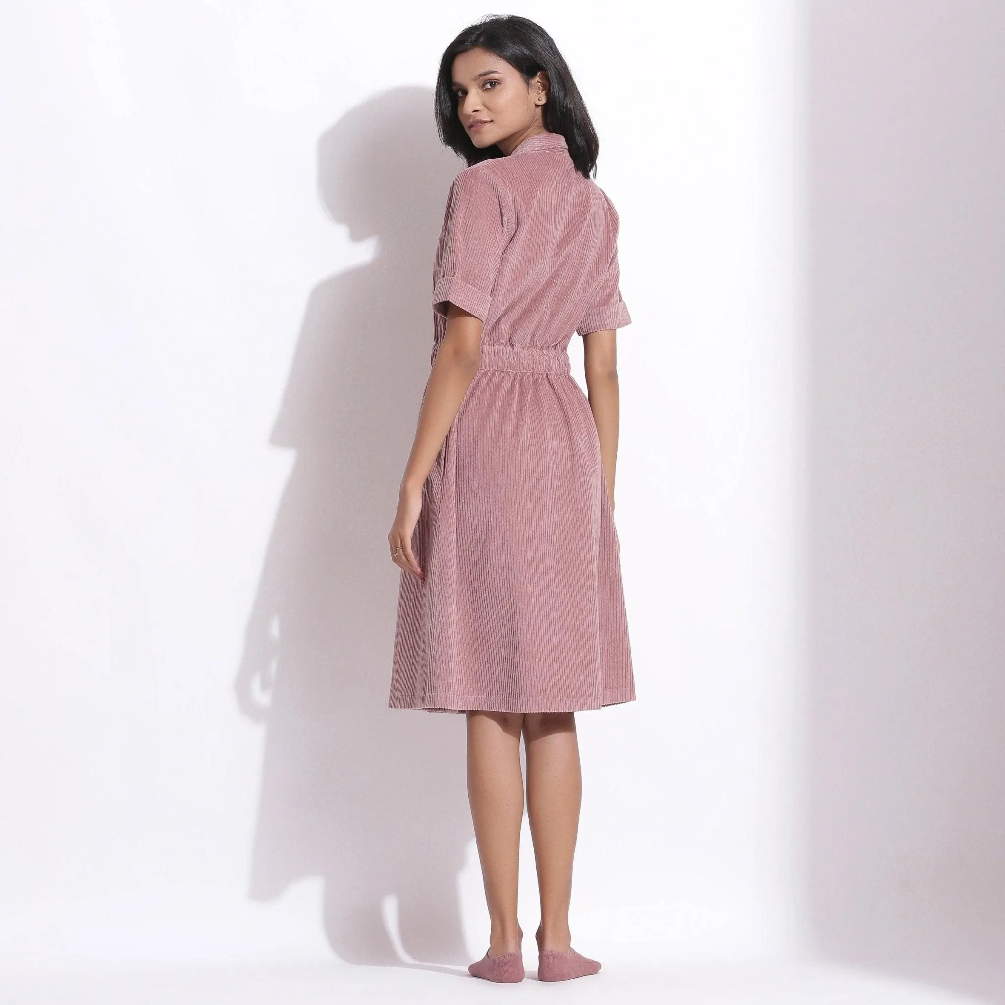 Mauve Warm Cotton Corduroy Knee Length Coat Dress