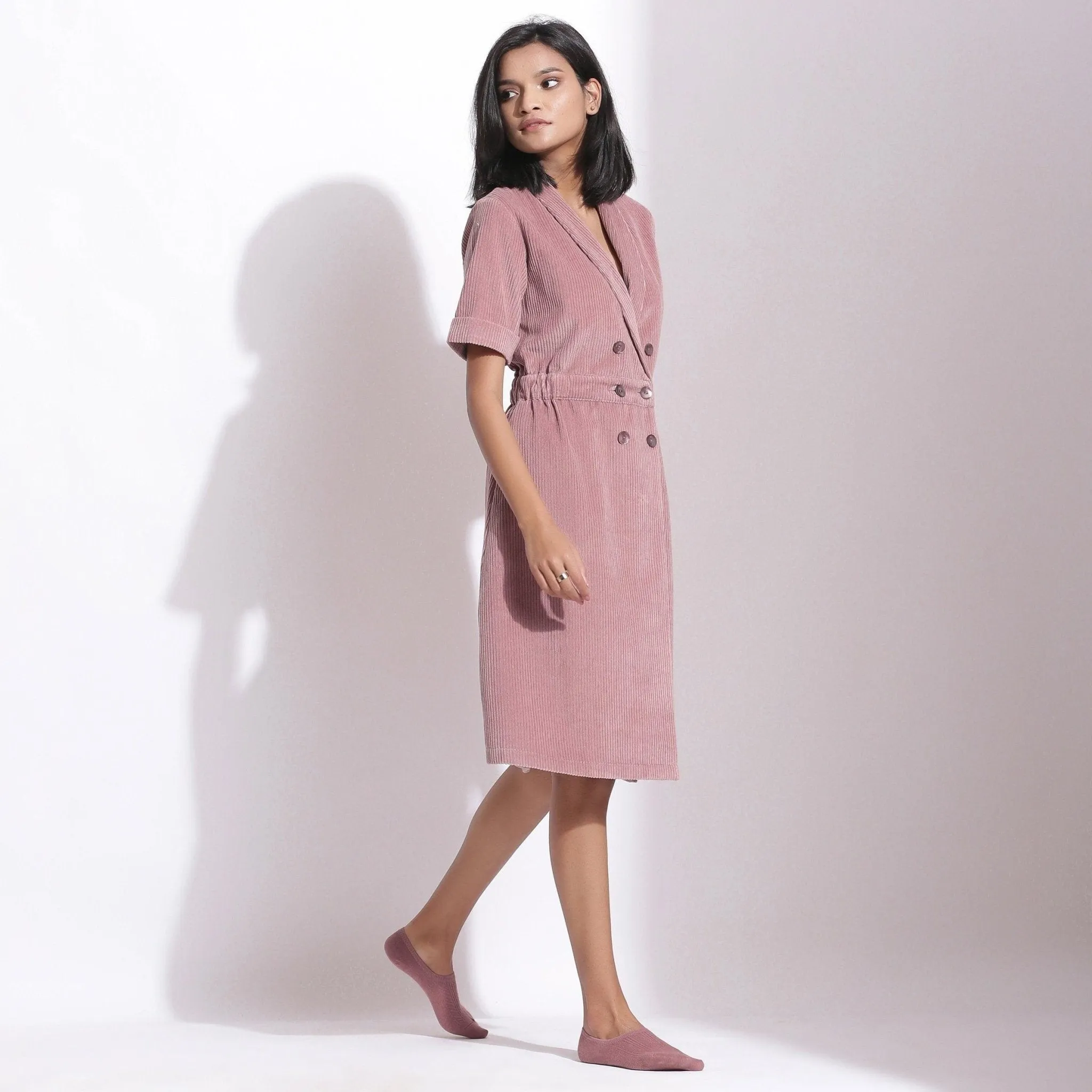 Mauve Warm Cotton Corduroy Knee Length Coat Dress