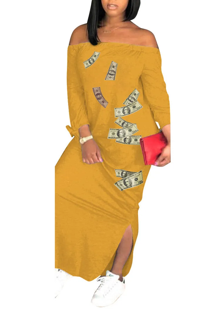 MB FASHION Off-Shoulder Money Print Midi Dress with Tie Sleeves 1507