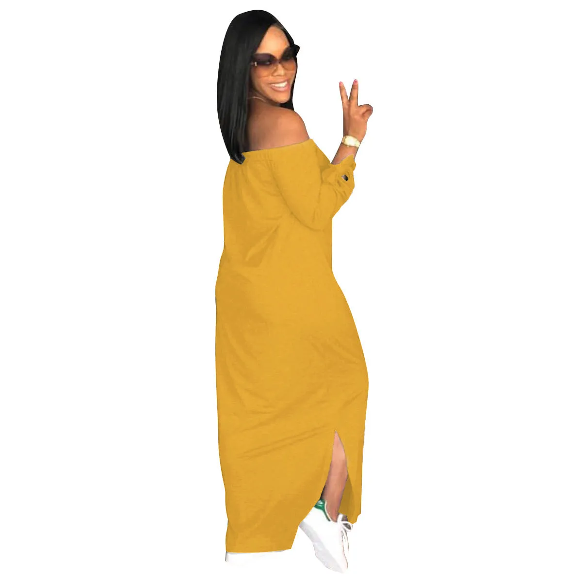 MB FASHION Off-Shoulder Money Print Midi Dress with Tie Sleeves 1507