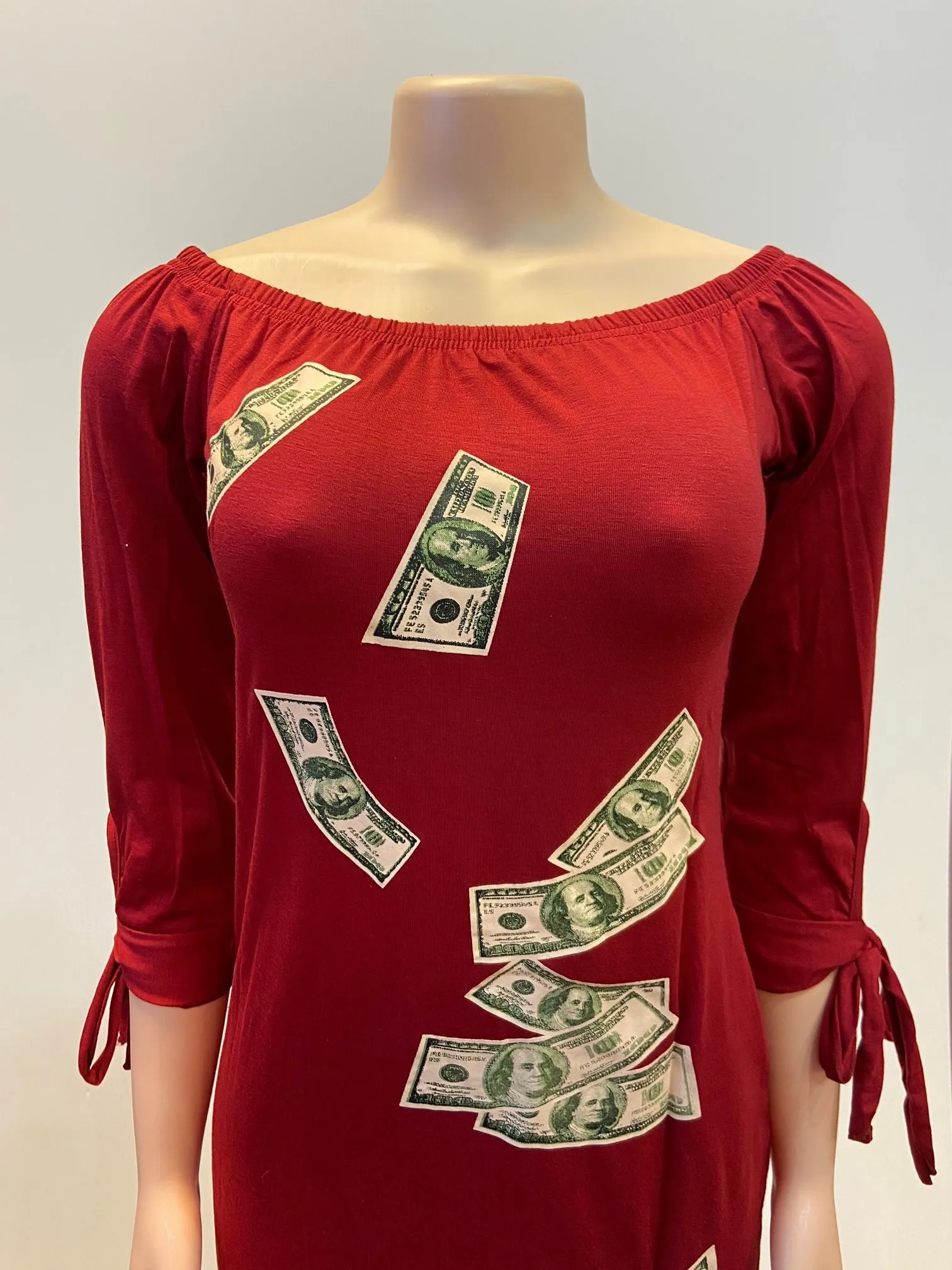MB FASHION Off-Shoulder Money Print Midi Dress with Tie Sleeves 1507