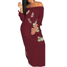MB FASHION Off-Shoulder Money Print Midi Dress with Tie Sleeves 1507