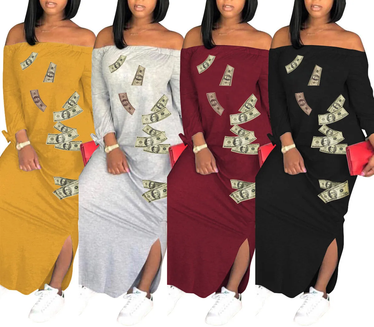 MB FASHION Off-Shoulder Money Print Midi Dress with Tie Sleeves 1507