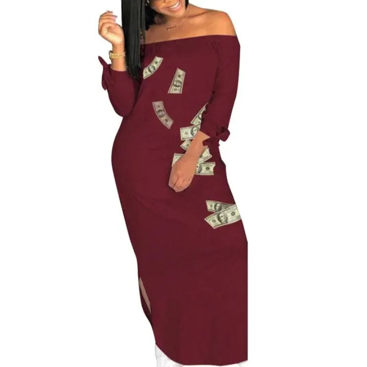 MB FASHION Off-Shoulder Money Print Midi Dress with Tie Sleeves 1507