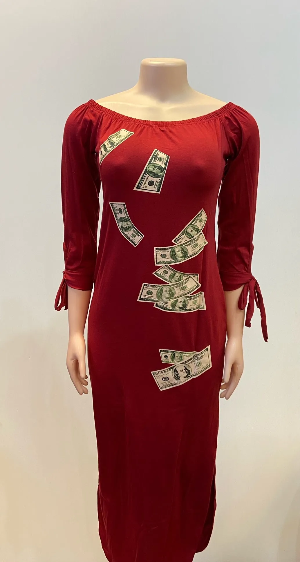 MB FASHION Off-Shoulder Money Print Midi Dress with Tie Sleeves 1507