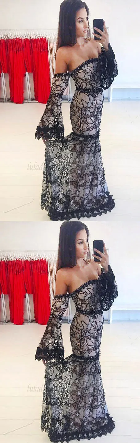 Mermaid Black Long Sleeves Lace Off the Shoulder Sweep Train Prom Dress
