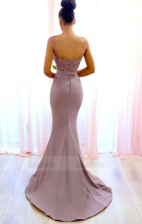 Mermaid Spaghetti Straps Sweep Train Bridesmaid Dress with Lace, long bridesmaid dresses