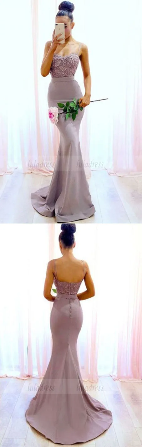 Mermaid Spaghetti Straps Sweep Train Bridesmaid Dress with Lace, long bridesmaid dresses