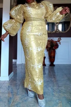 Metallic Dramatic Puff Sleeve Midi Dress