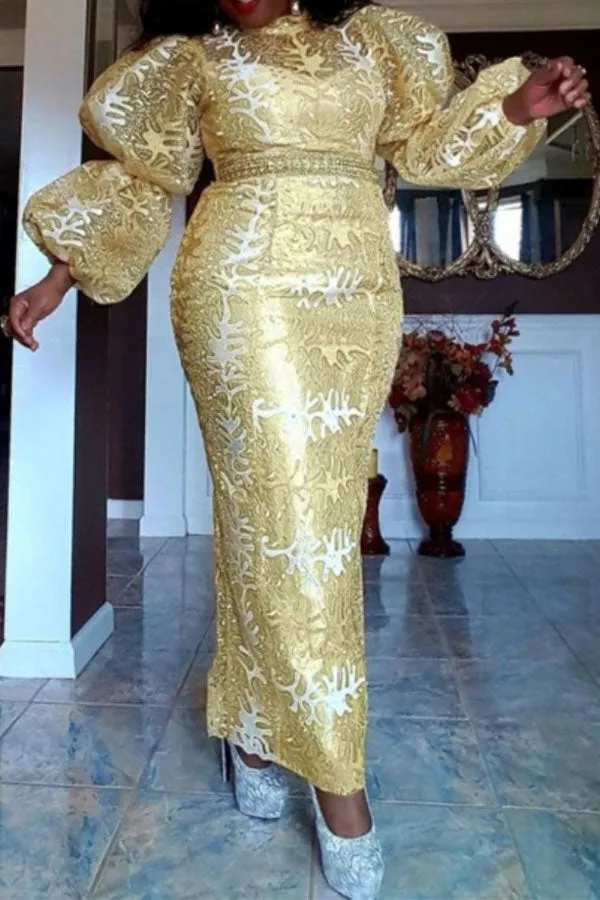 Metallic Dramatic Puff Sleeve Midi Dress