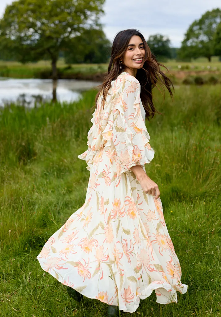 Mia Ruffle Sleeve Moonflower Print Midi Dress In Cream