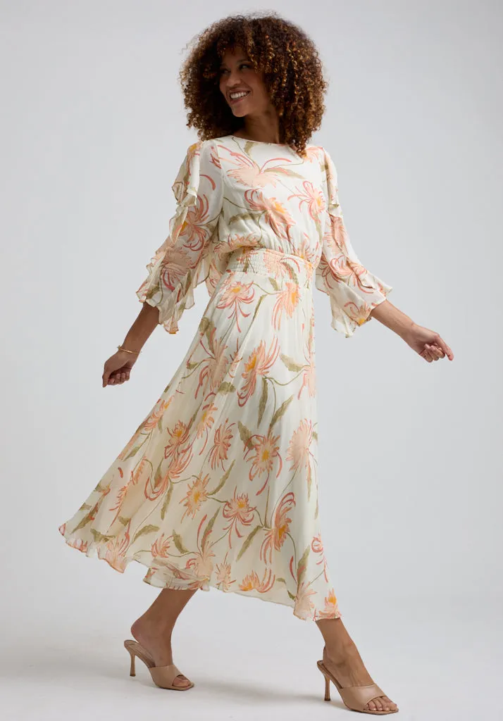 Mia Ruffle Sleeve Moonflower Print Midi Dress In Cream
