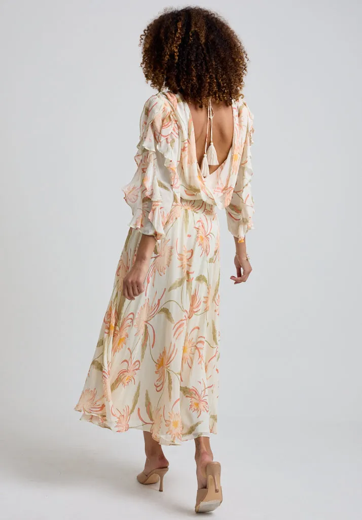 Mia Ruffle Sleeve Moonflower Print Midi Dress In Cream