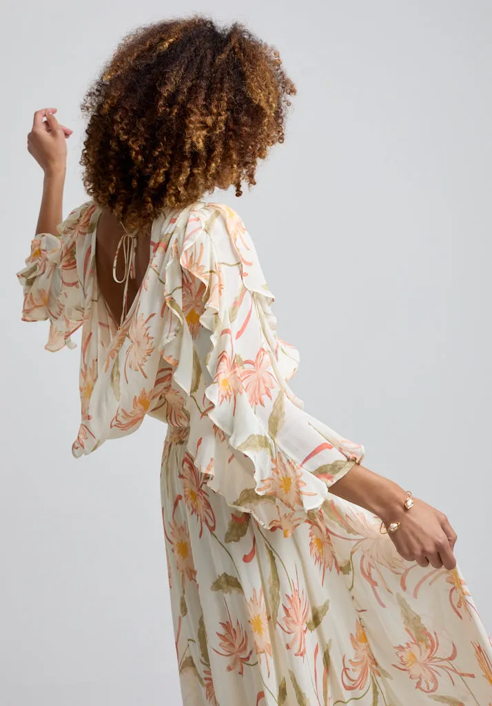 Mia Ruffle Sleeve Moonflower Print Midi Dress In Cream