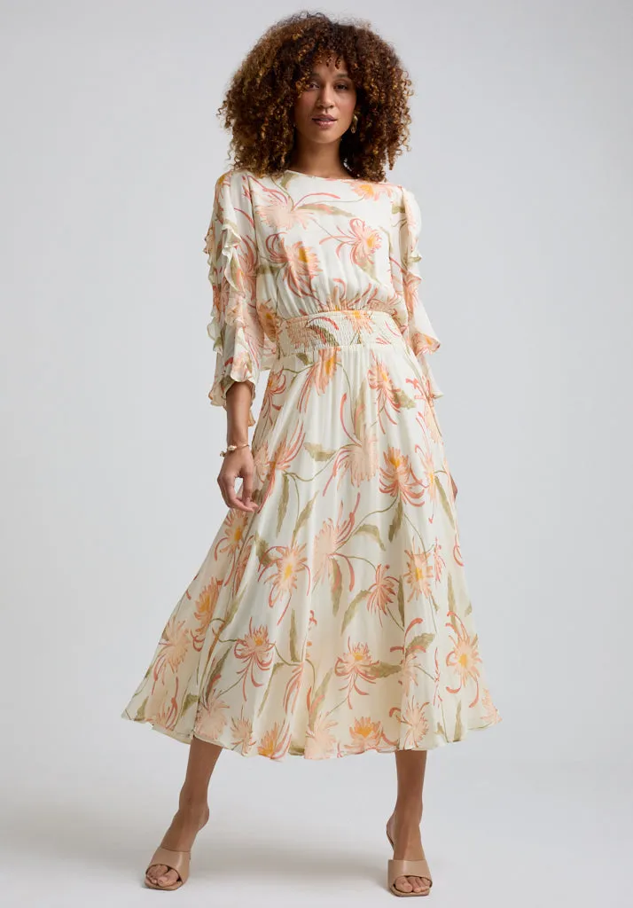 Mia Ruffle Sleeve Moonflower Print Midi Dress In Cream