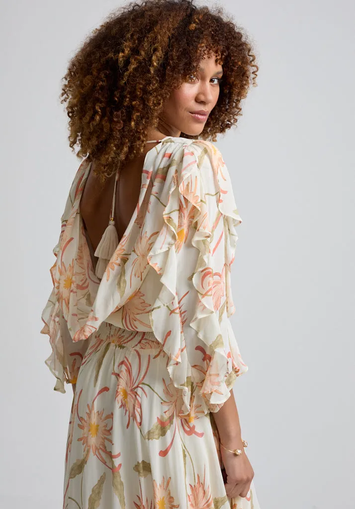 Mia Ruffle Sleeve Moonflower Print Midi Dress In Cream