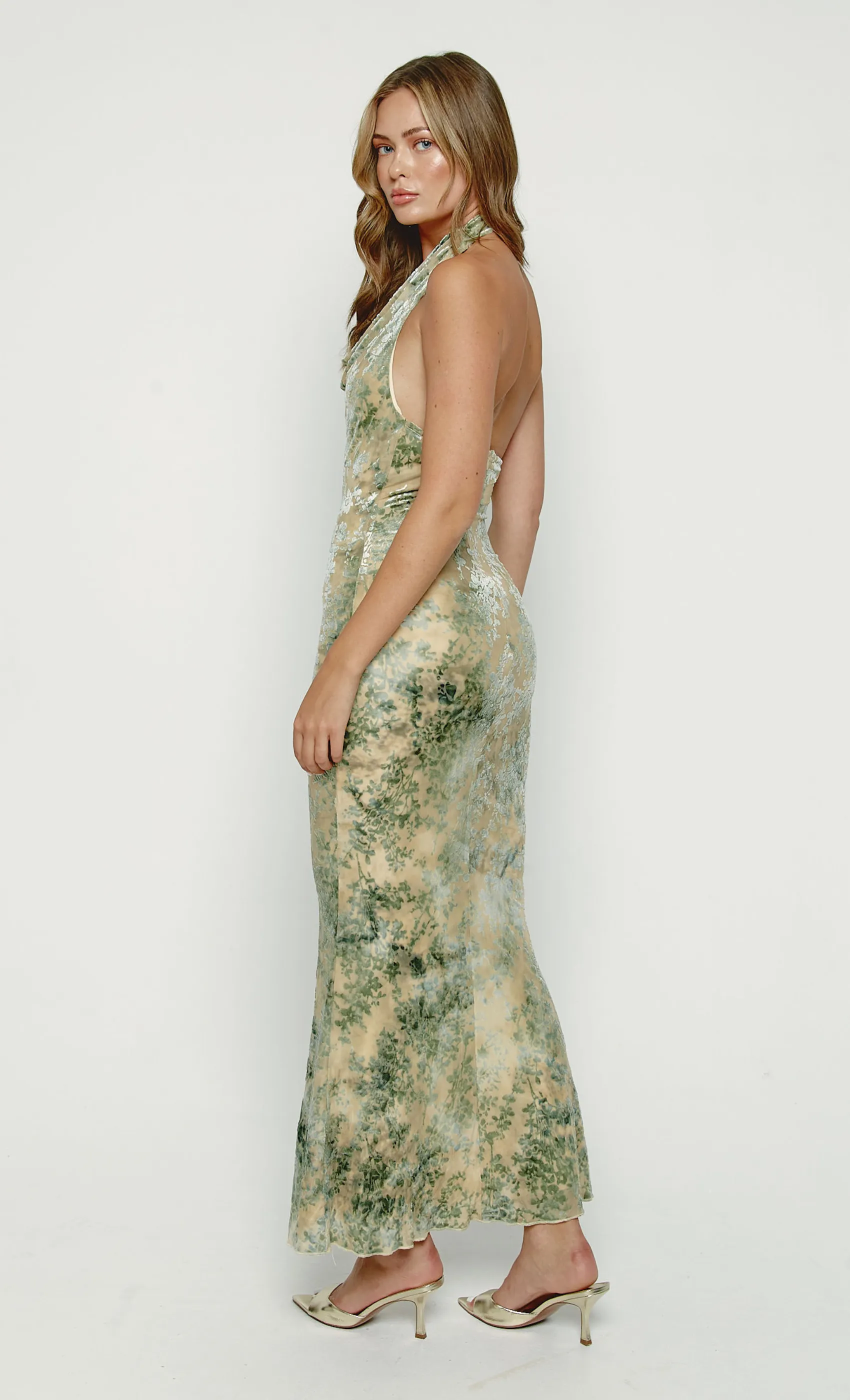 Olive Cowl Neck Devore Maxi Dress
