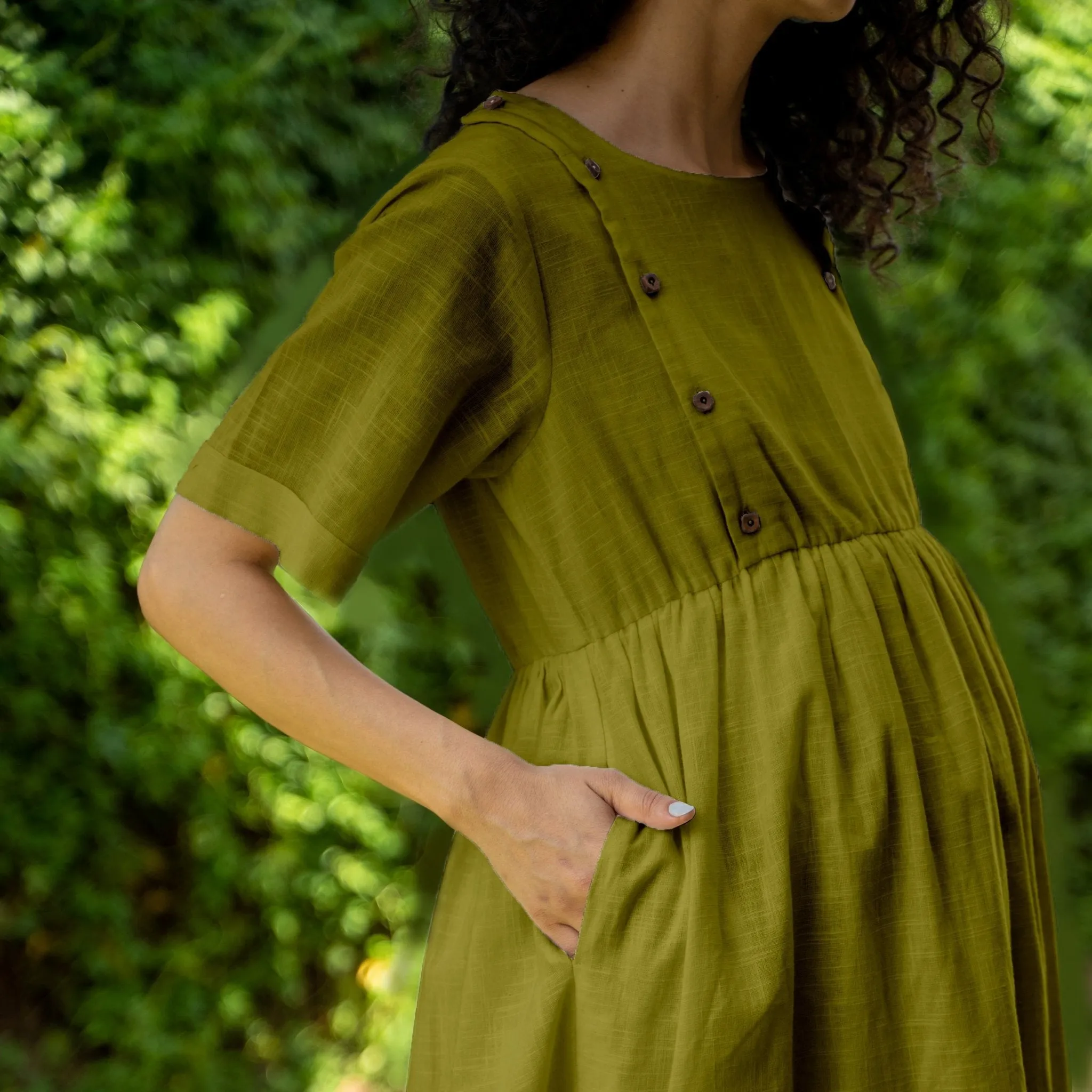 Olive Green 100% Cotton Button-Down Knee Length Pre and Post Maternity Dress