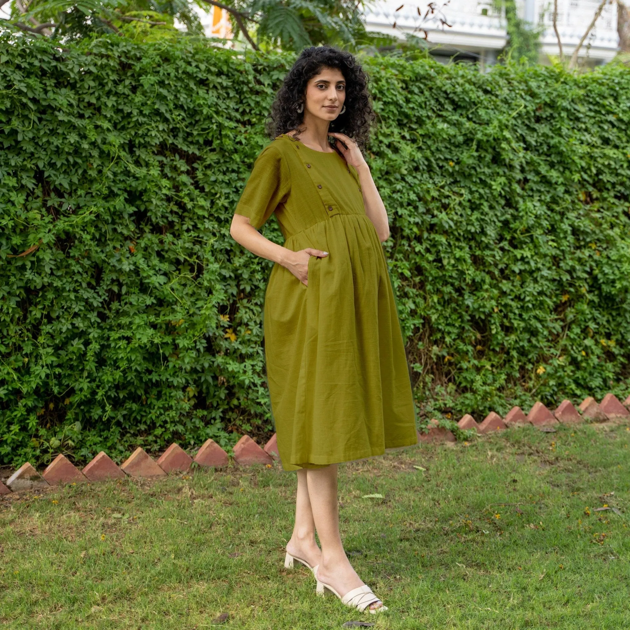Olive Green 100% Cotton Button-Down Knee Length Pre and Post Maternity Dress