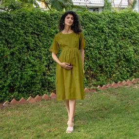 Olive Green 100% Cotton Button-Down Knee Length Pre and Post Maternity Dress
