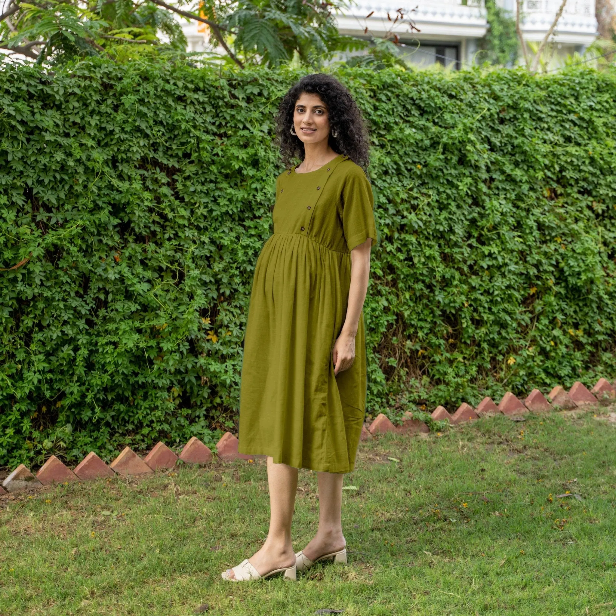 Olive Green 100% Cotton Button-Down Knee Length Pre and Post Maternity Dress