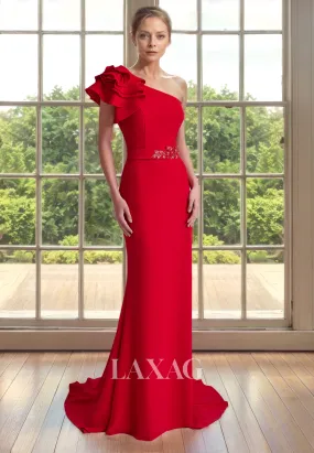 One Shoulder Beaded Pleated Sleek Satin Mother of the Bride Dress with Train