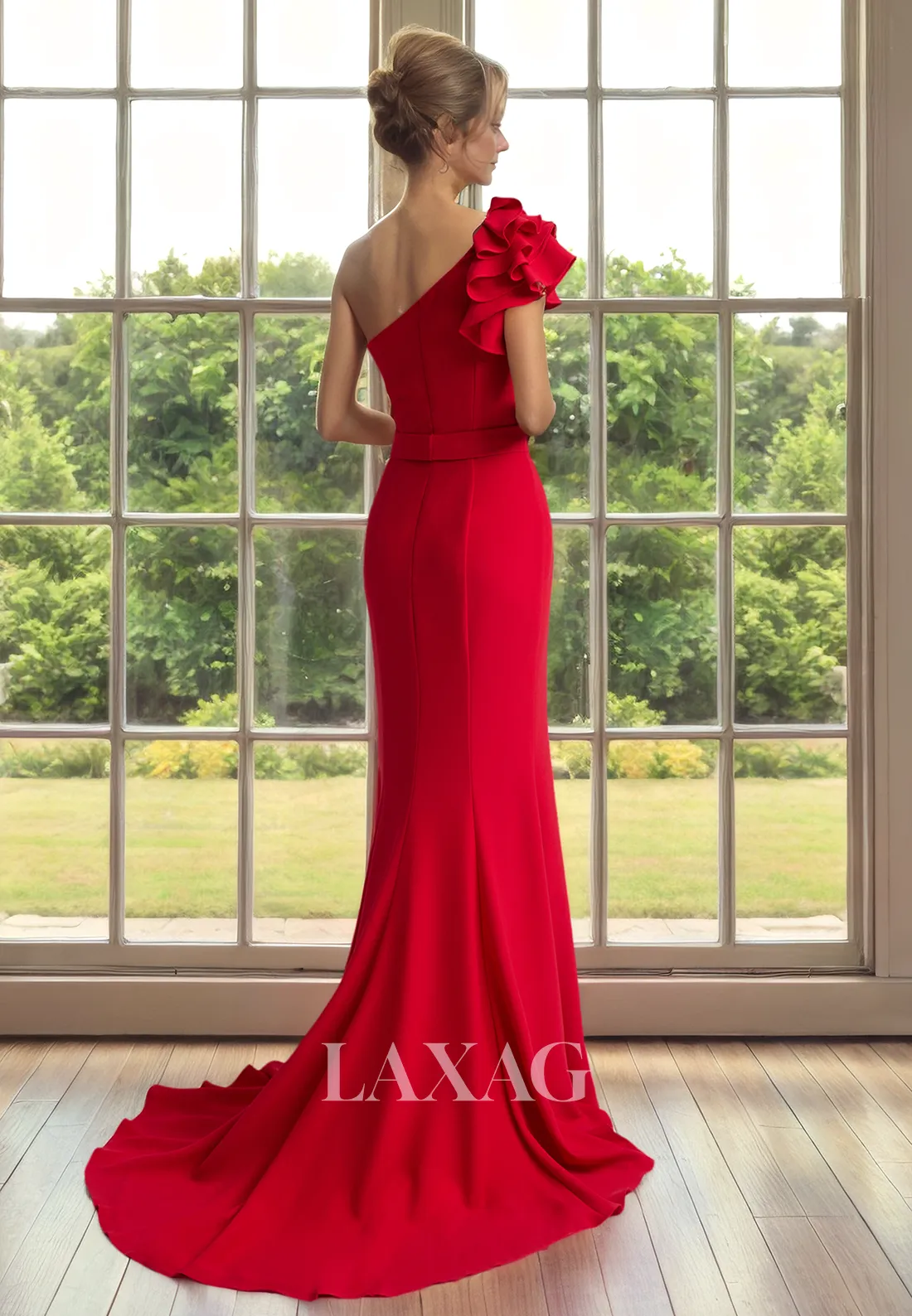 One Shoulder Beaded Pleated Sleek Satin Mother of the Bride Dress with Train
